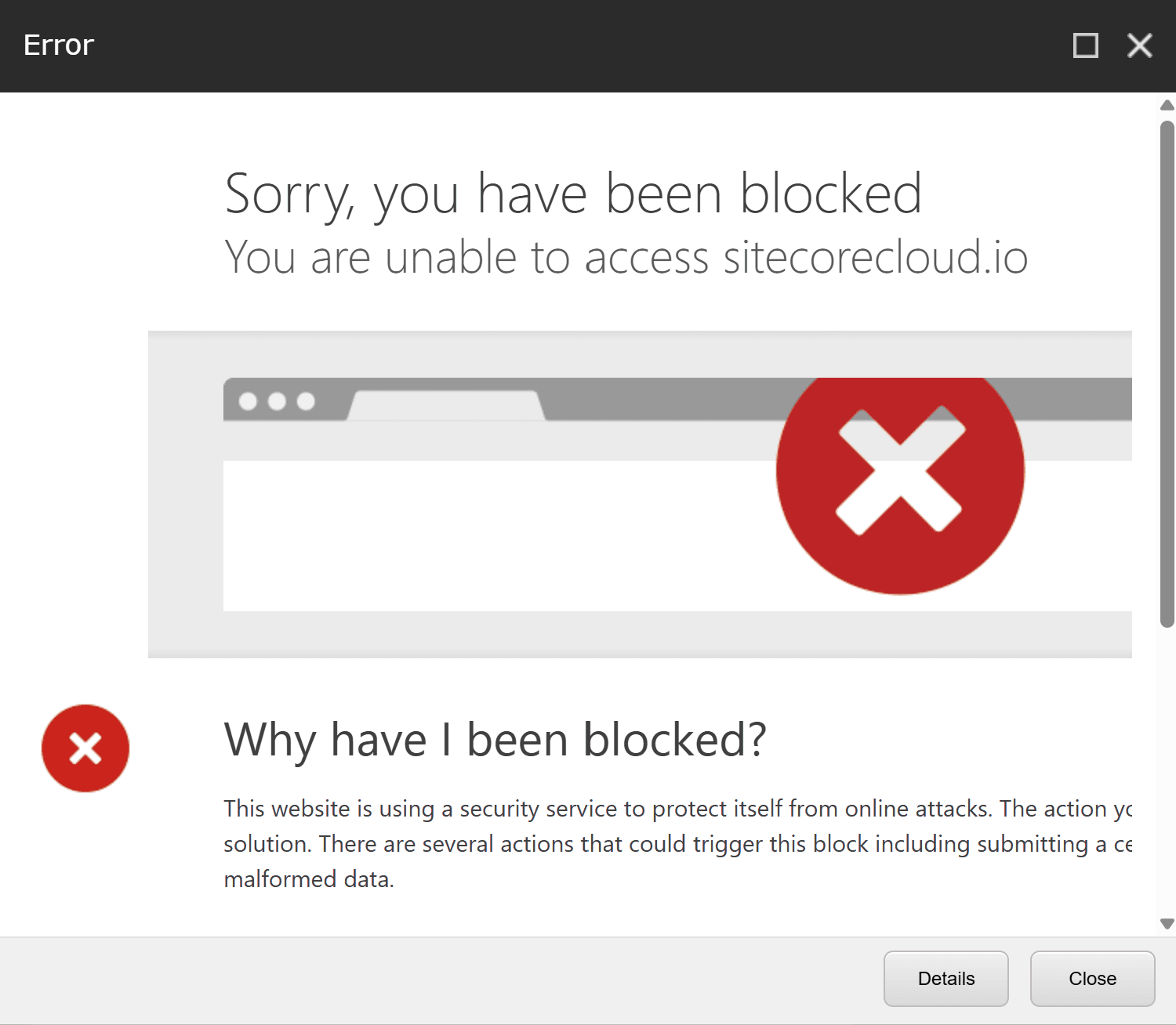 SPE error dialog in SitecoreAI showing the Cloudflare block page: "Sorry, you have been blocked. You are unable to access sitecorecloud.io"